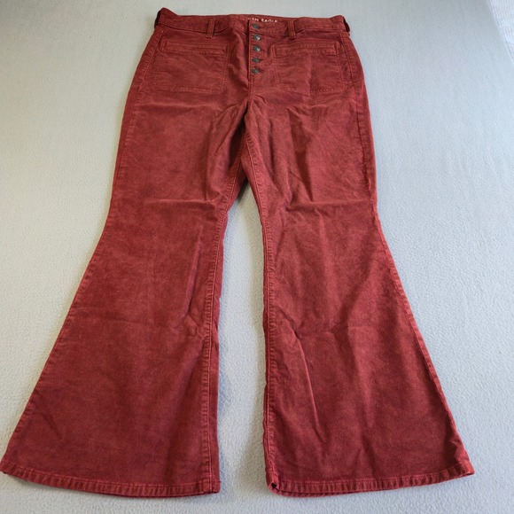 American Eagle Outfitters Pants - American Eagle Corduroy Pants Women 16 Short Rust Red Super Hi-Rise Flare Button
